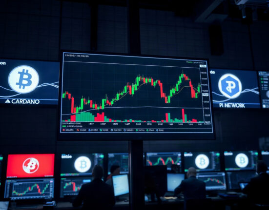 Trading screen showing cryptocurrency price charts for Bitcoin, Cardano, and Pi Network on August 24
