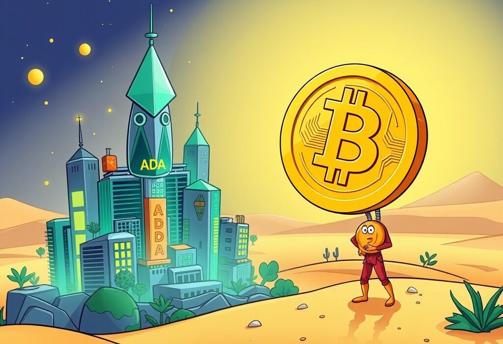 A cartoon illustration showing Cardano's vibrant growth and future innovation, highlighting its immense Cardano potential compared to Bitcoin.