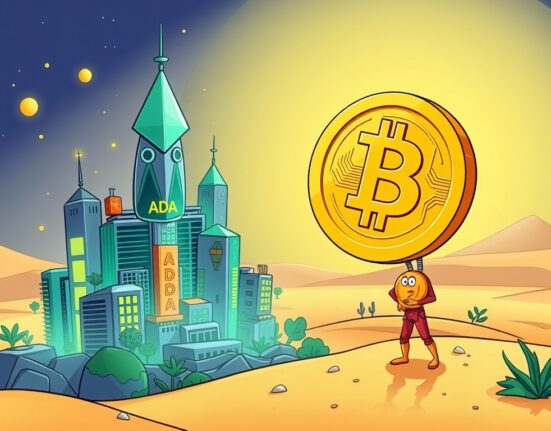 A cartoon illustration showing Cardano's vibrant growth and future innovation, highlighting its immense Cardano potential compared to Bitcoin.