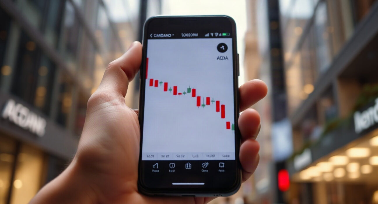 Close-up of a smartphone showing a declining Cardano (ADA) price chart in a financial district setting