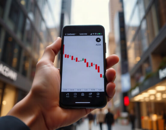 Close-up of a smartphone showing a declining Cardano (ADA) price chart in a financial district setting