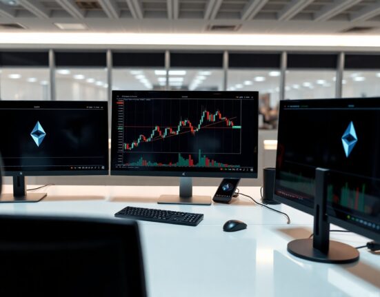 Cryptocurrency trading chart on a monitor showing an upward trend, representing Cardano's price movement.