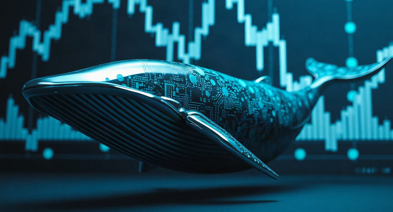 Digital whale symbolizing Cardano whale accumulation overlaid on market charts