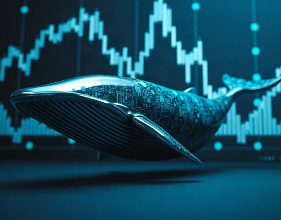 Digital whale symbolizing Cardano whale accumulation overlaid on market charts