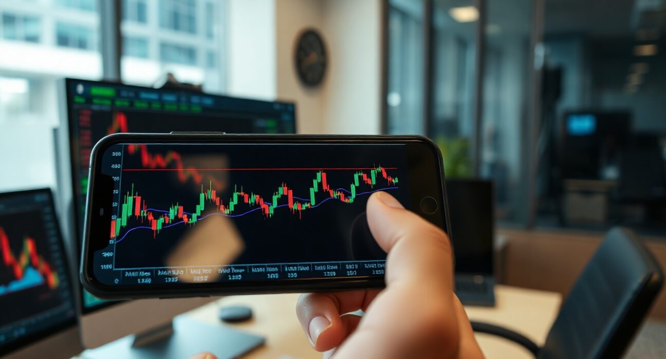 Cryptocurrency price charts on a smartphone screen with candlesticks and trend lines