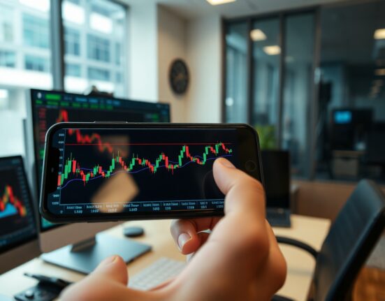 Cryptocurrency price charts on a smartphone screen with candlesticks and trend lines