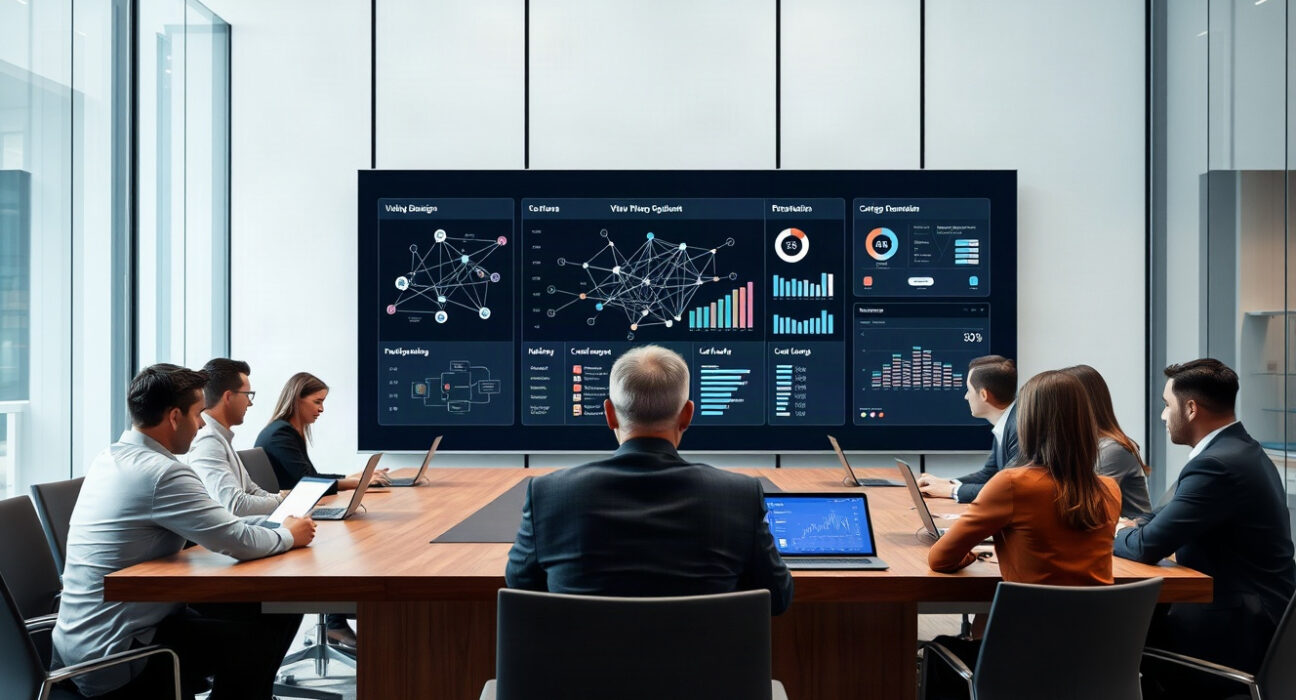 Blockchain governance meeting with professionals viewing voting dashboards on a large screen.