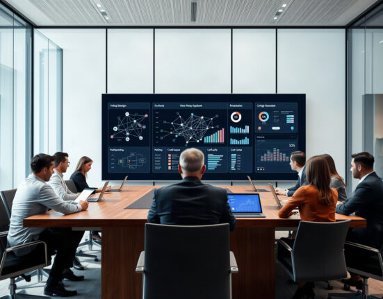 Blockchain governance meeting with professionals viewing voting dashboards on a large screen.
