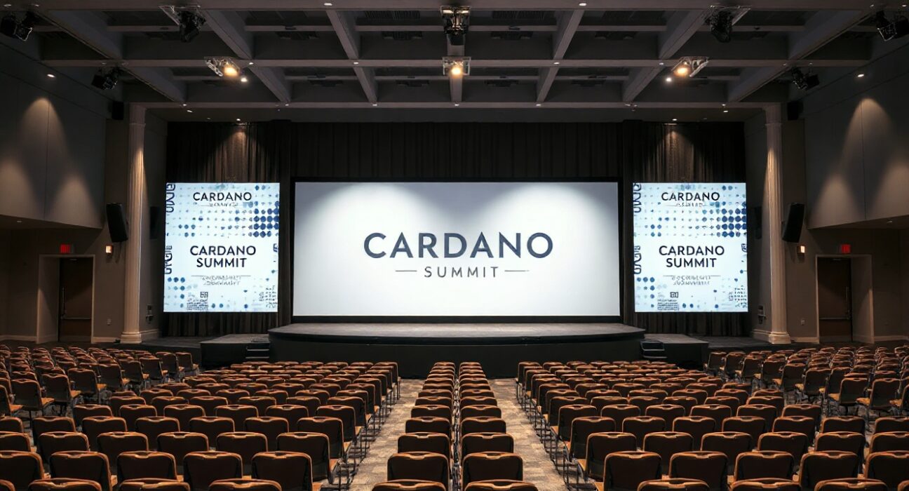 Empty convention hall with Cardano Summit banners, representing event cancellation after community vote.