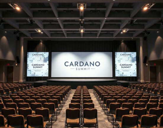 Empty convention hall with Cardano Summit banners, representing event cancellation after community vote.