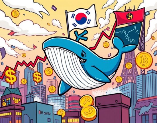 A cartoon image illustrating the impressive surge in Cardano trading volume in South Korea, showing a bullish market trend.