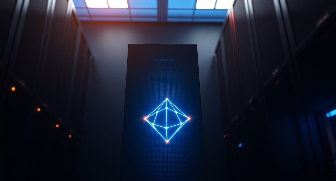 Cardano network upgrade represented by a glowing blockchain server node in a data center.