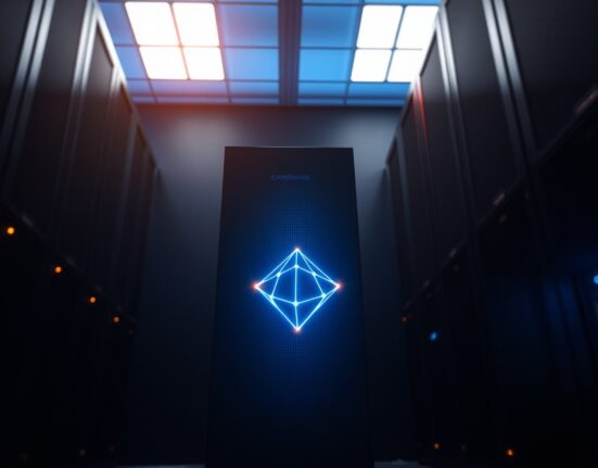 Cardano network upgrade represented by a glowing blockchain server node in a data center.