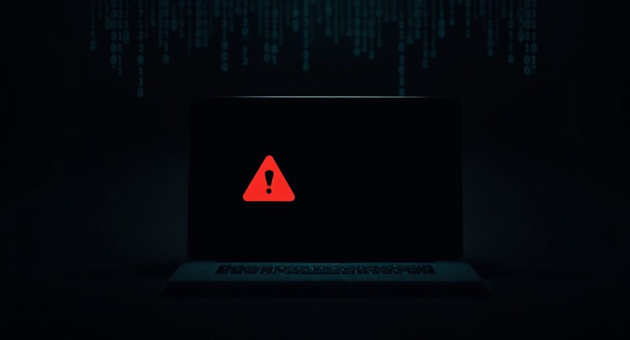 Digital wallet interface with security breach warning symbol on dark background