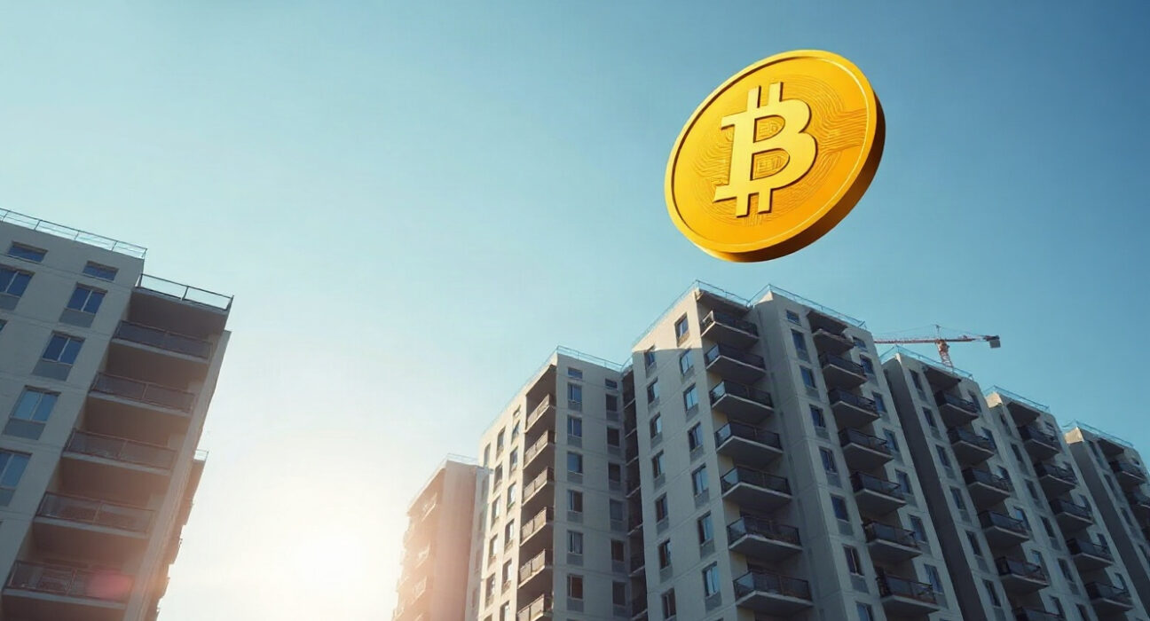 Modern multifamily apartment building under construction with a Bitcoin symbol in the sky