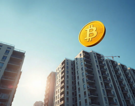 Modern multifamily apartment building under construction with a Bitcoin symbol in the sky