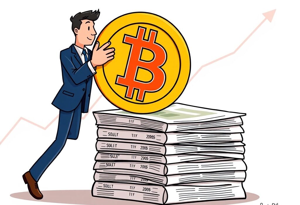 A cartoon illustration showing Cardone Capital Bitcoin investment, with Bitcoin being added to real estate assets.