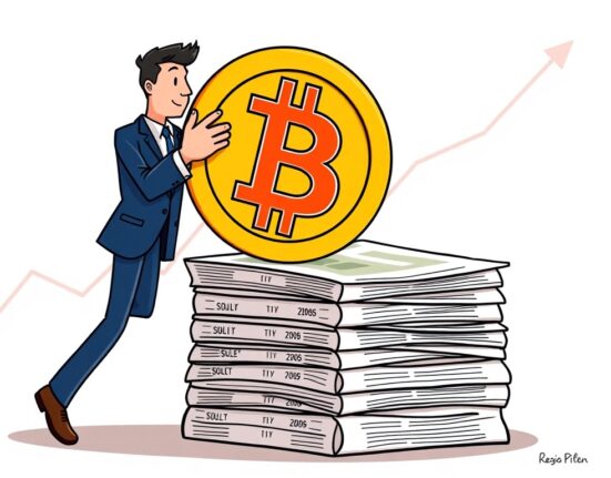 A cartoon illustration showing Cardone Capital Bitcoin investment, with Bitcoin being added to real estate assets.