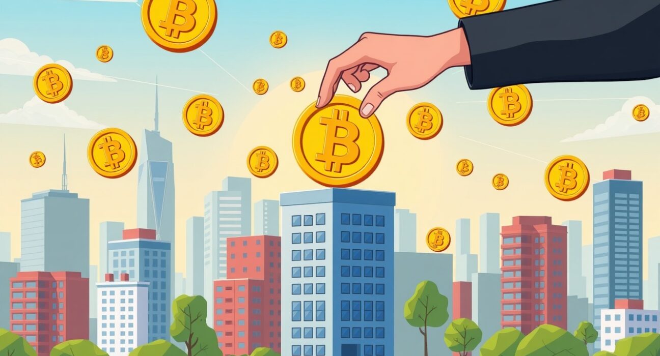 Bitcoin investment strategy merging real estate and cryptocurrency in vibrant cartoon illustration