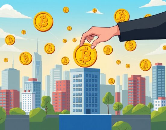 Bitcoin investment strategy merging real estate and cryptocurrency in vibrant cartoon illustration