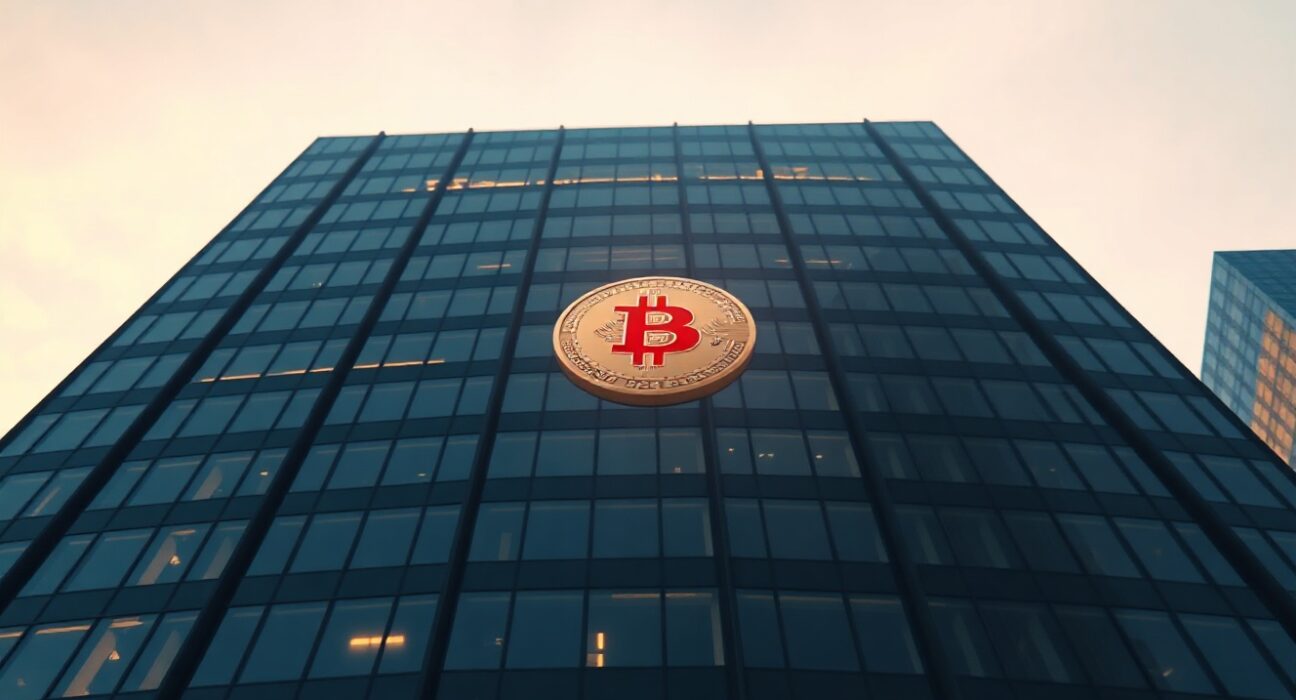 Modern office building with subtle Bitcoin symbol reflection at sunset