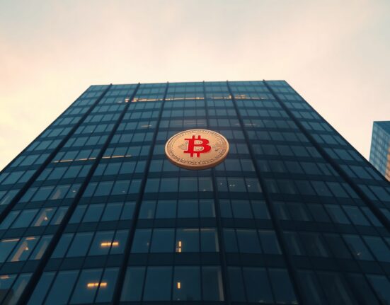 Modern office building with subtle Bitcoin symbol reflection at sunset