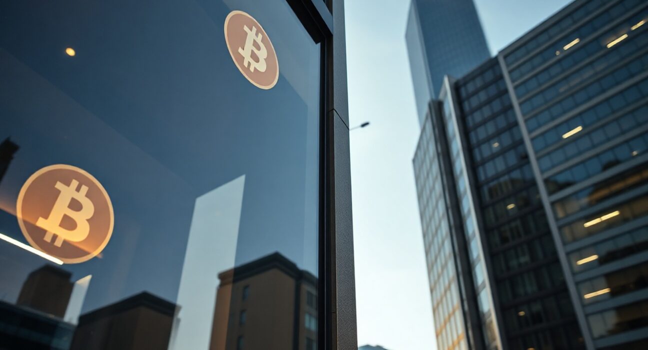 Cardone Capital building exterior with subtle Bitcoin symbol reflection, symbolizing institutional crypto investment