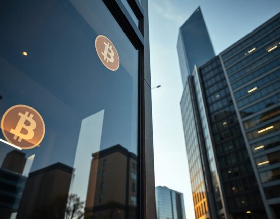 Cardone Capital building exterior with subtle Bitcoin symbol reflection, symbolizing institutional crypto investment