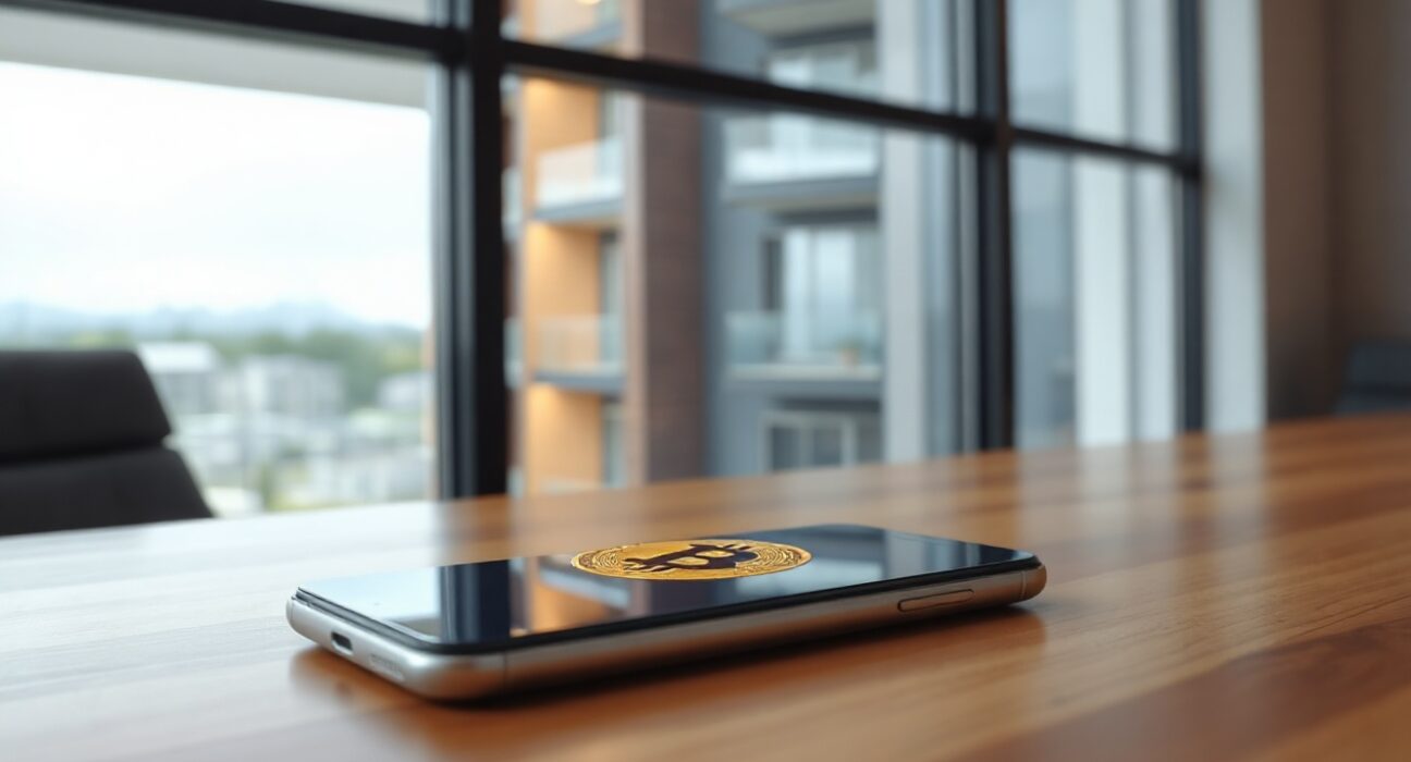 Bitcoin symbol displayed on a smartphone with a modern building in the background, illustrating the comparison to digital real estate.