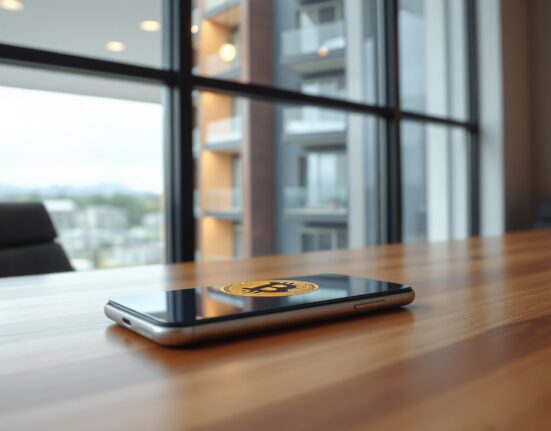 Bitcoin symbol displayed on a smartphone with a modern building in the background, illustrating the comparison to digital real estate.