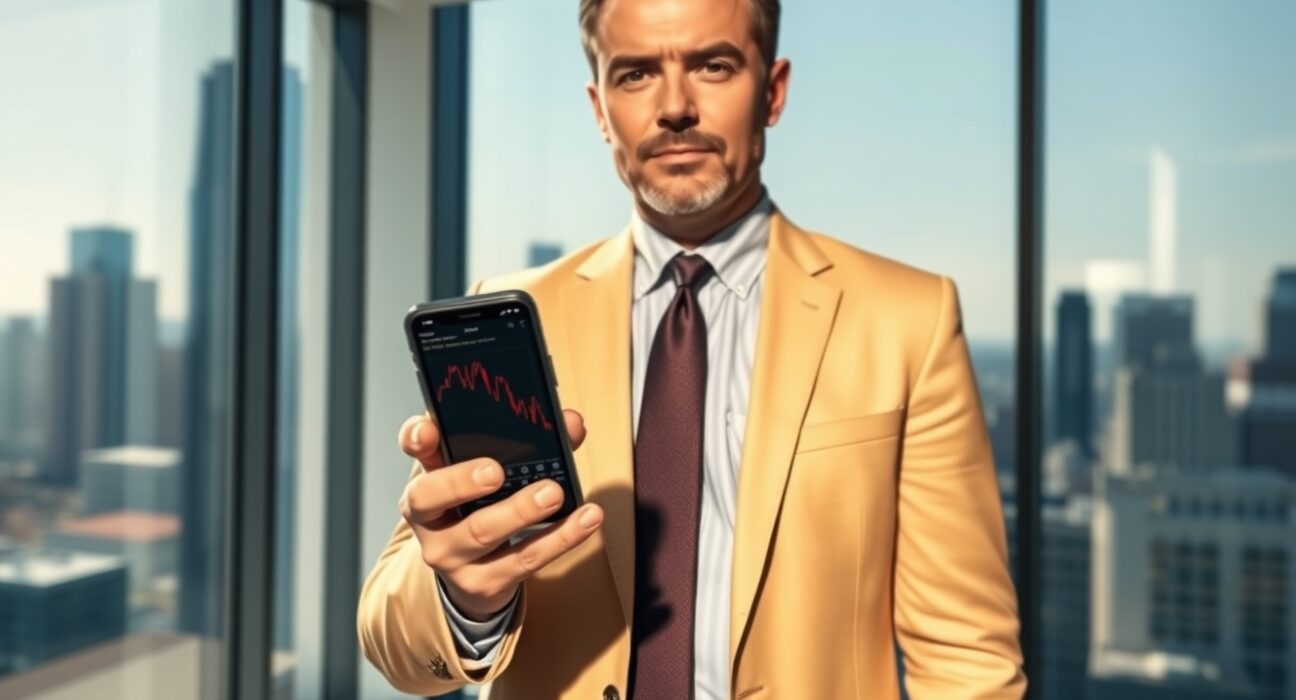 Grant Cardone in a modern office holding a smartphone with a Bitcoin chart