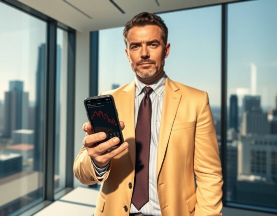 Grant Cardone in a modern office holding a smartphone with a Bitcoin chart