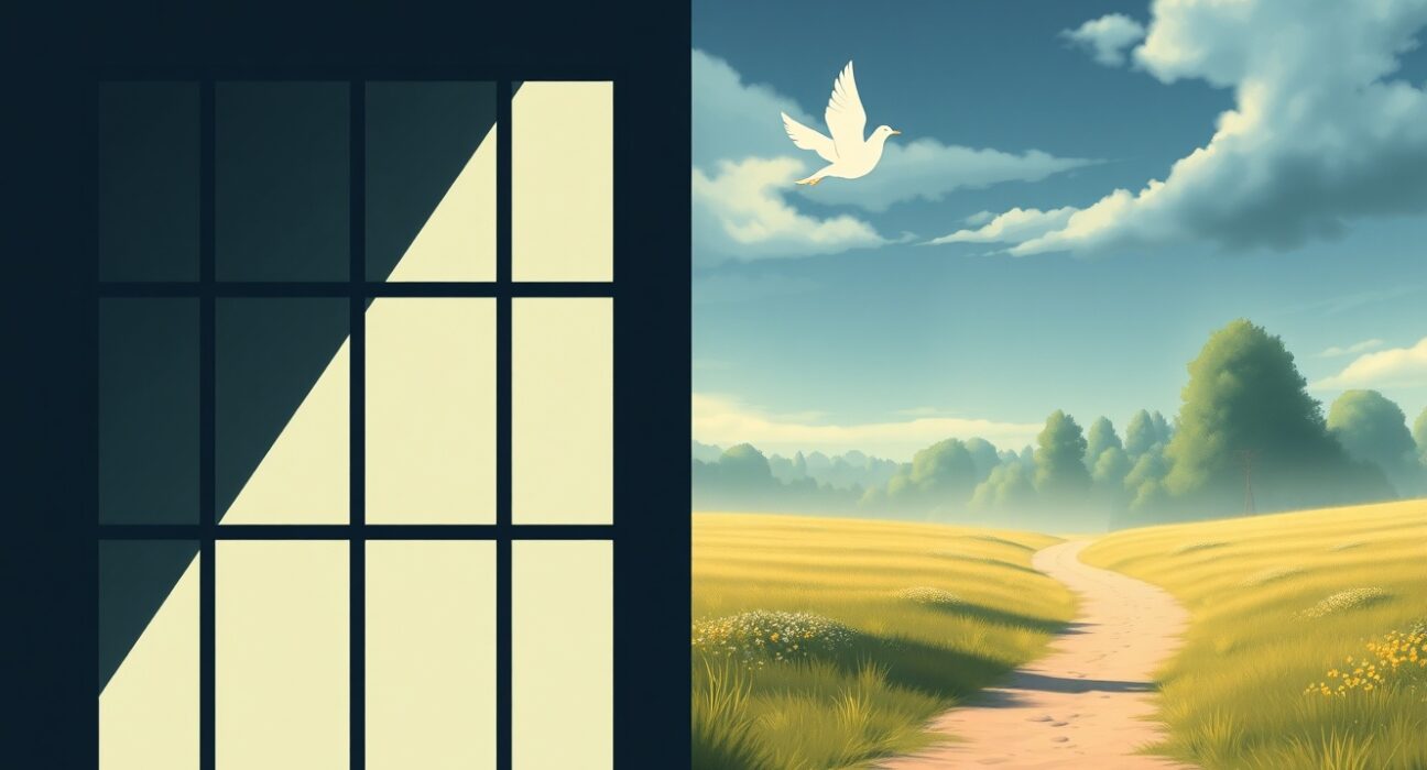 Symbolic Ghibli-style art representing Caroline Ellison's transition from prison to a halfway house after the FTX scandal.