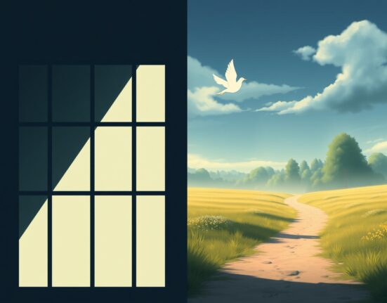 Symbolic Ghibli-style art representing Caroline Ellison's transition from prison to a halfway house after the FTX scandal.