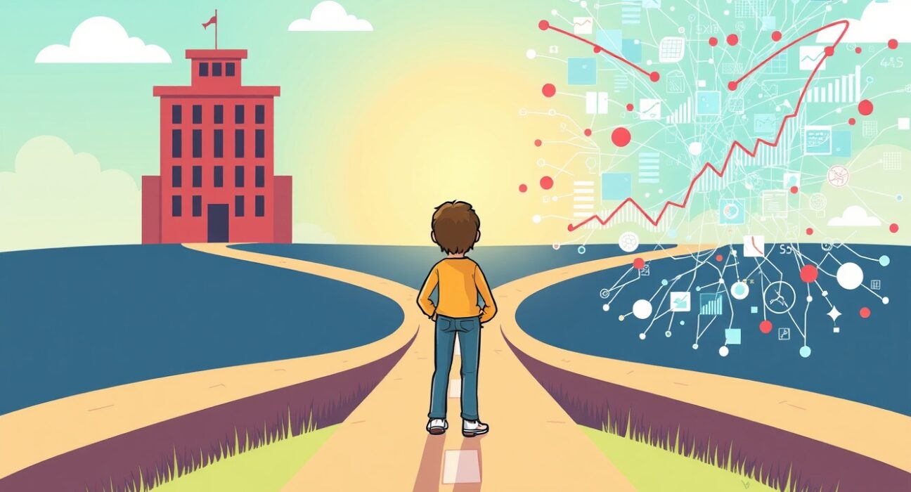 Cartoon illustration symbolizing Caroline Ellison's transition from prison to a halfway house after the FTX scandal.