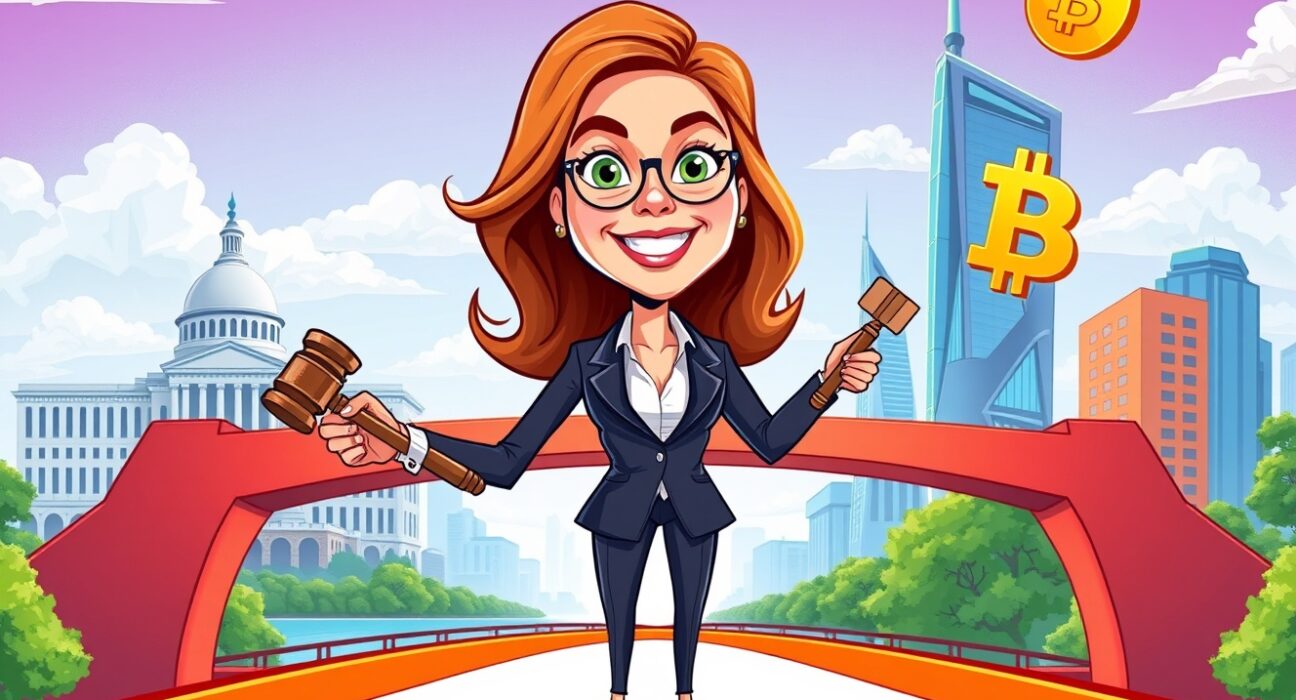 Caroline Pham MoonPay transition from government regulator to crypto executive in vibrant illustration