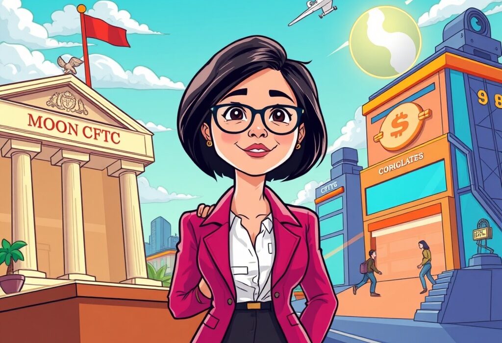 A cartoon illustrating the potential industry shift as Caroline Pham considers a move to MoonPay, impacting crypto regulation.