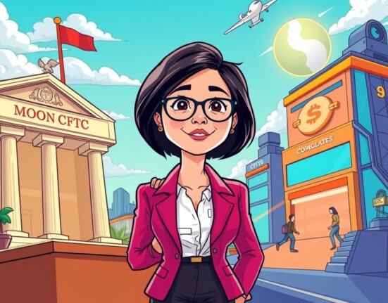 A cartoon illustrating the potential industry shift as Caroline Pham considers a move to MoonPay, impacting crypto regulation.