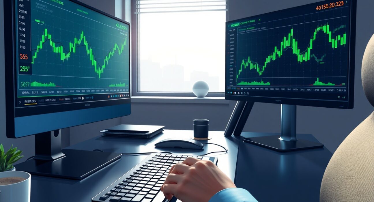 Carry trade momentum builds as market volatility eases, showing forex and crypto trading charts on multiple monitors.