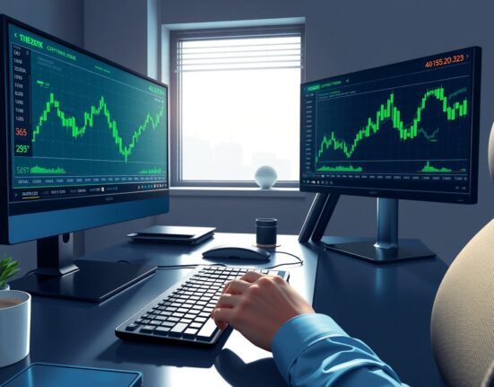 Carry trade momentum builds as market volatility eases, showing forex and crypto trading charts on multiple monitors.