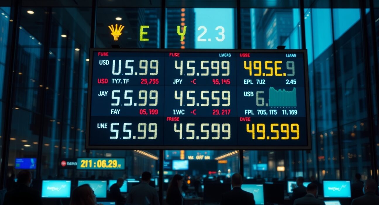 Currency exchange board showing major forex pairs in a dimly lit trading floor