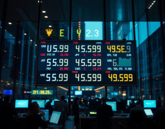 Currency exchange board showing major forex pairs in a dimly lit trading floor