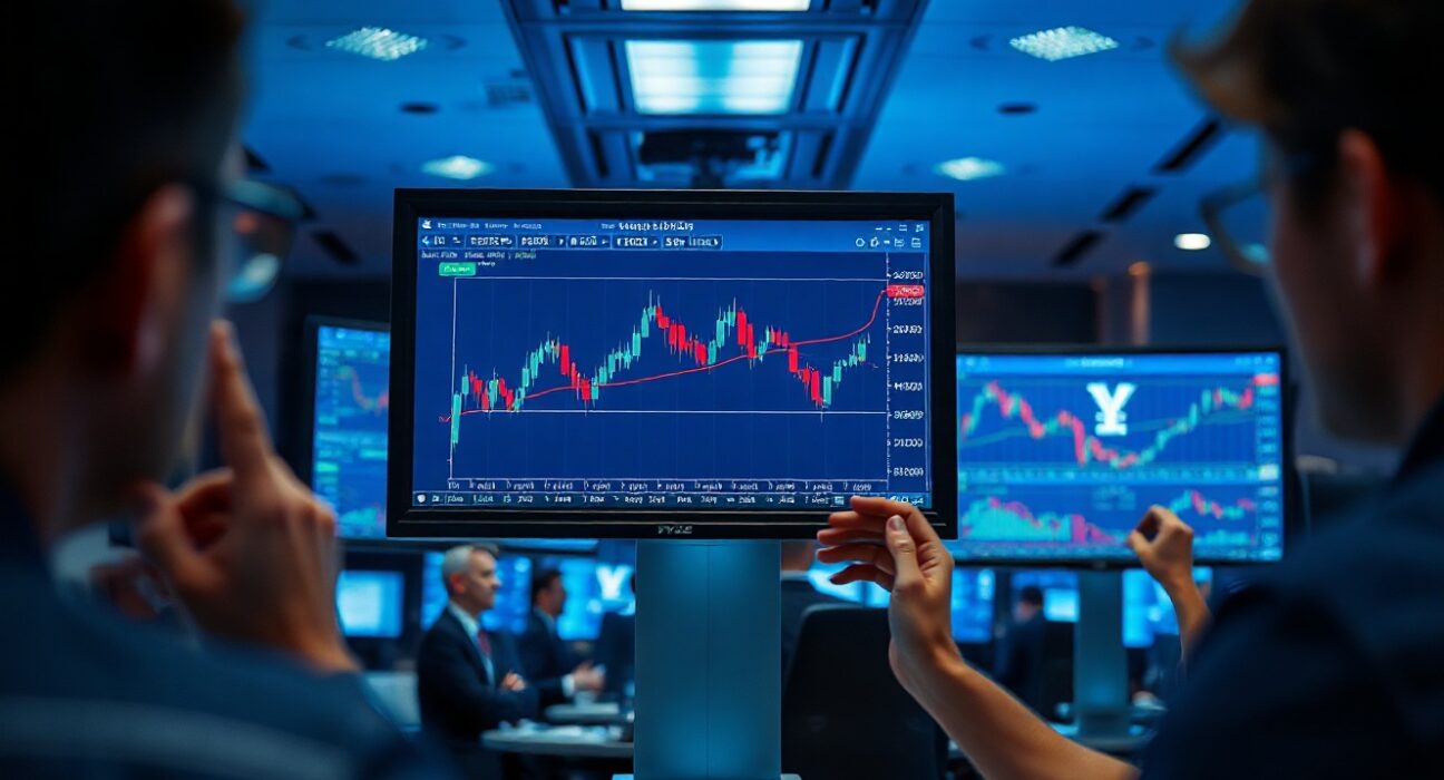 Trading floor monitors display forex charts with yen and carry trade data, reflecting BNY analysis.