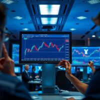 Trading floor monitors display forex charts with yen and carry trade data, reflecting BNY analysis.