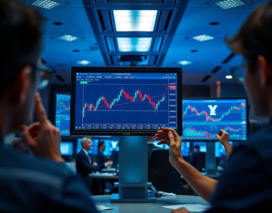 Trading floor monitors display forex charts with yen and carry trade data, reflecting BNY analysis.
