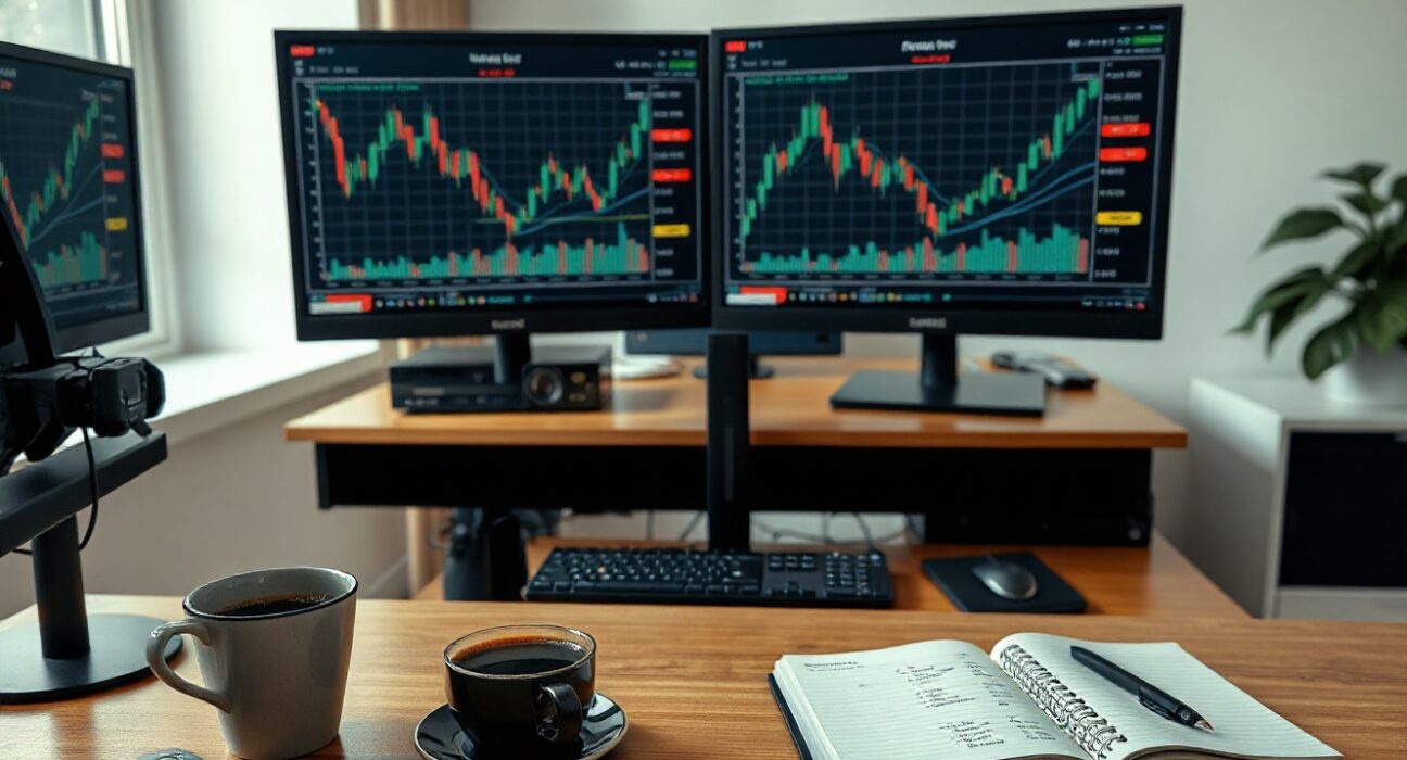 Financial analyst monitors showing currency charts and trading data