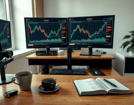 Financial analyst monitors showing currency charts and trading data