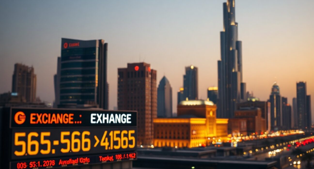 MENA financial district skyline at dusk with currency exchange signs