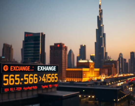 MENA financial district skyline at dusk with currency exchange signs