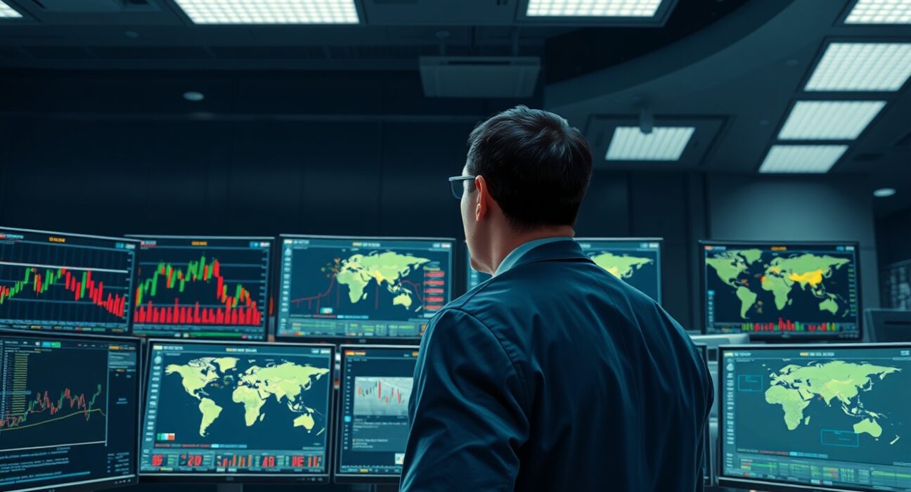 Trader analyzing carry trade currency charts amid geopolitical risk indicators on financial monitors.